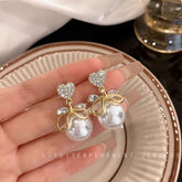 Heart Rhinestone Faux Pearl Drop Earrings - Each